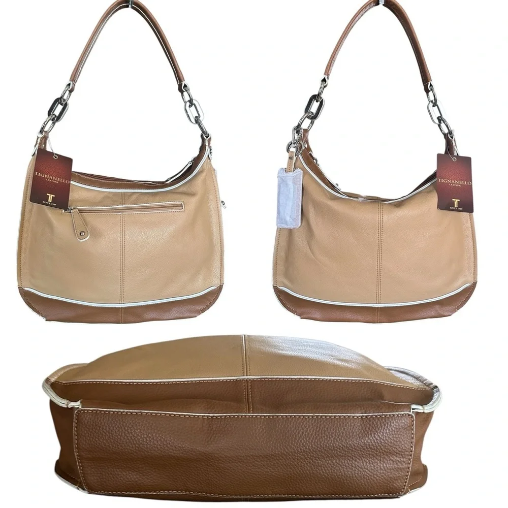 Tignanello Two-Tone Tan & Brown Leather Shoulder Bag White Ribbed Details New!